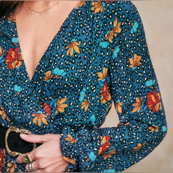 EUC Sezane Titiane Fleur Leopard Canard Floral Midi Dress - Picture 3 of 6